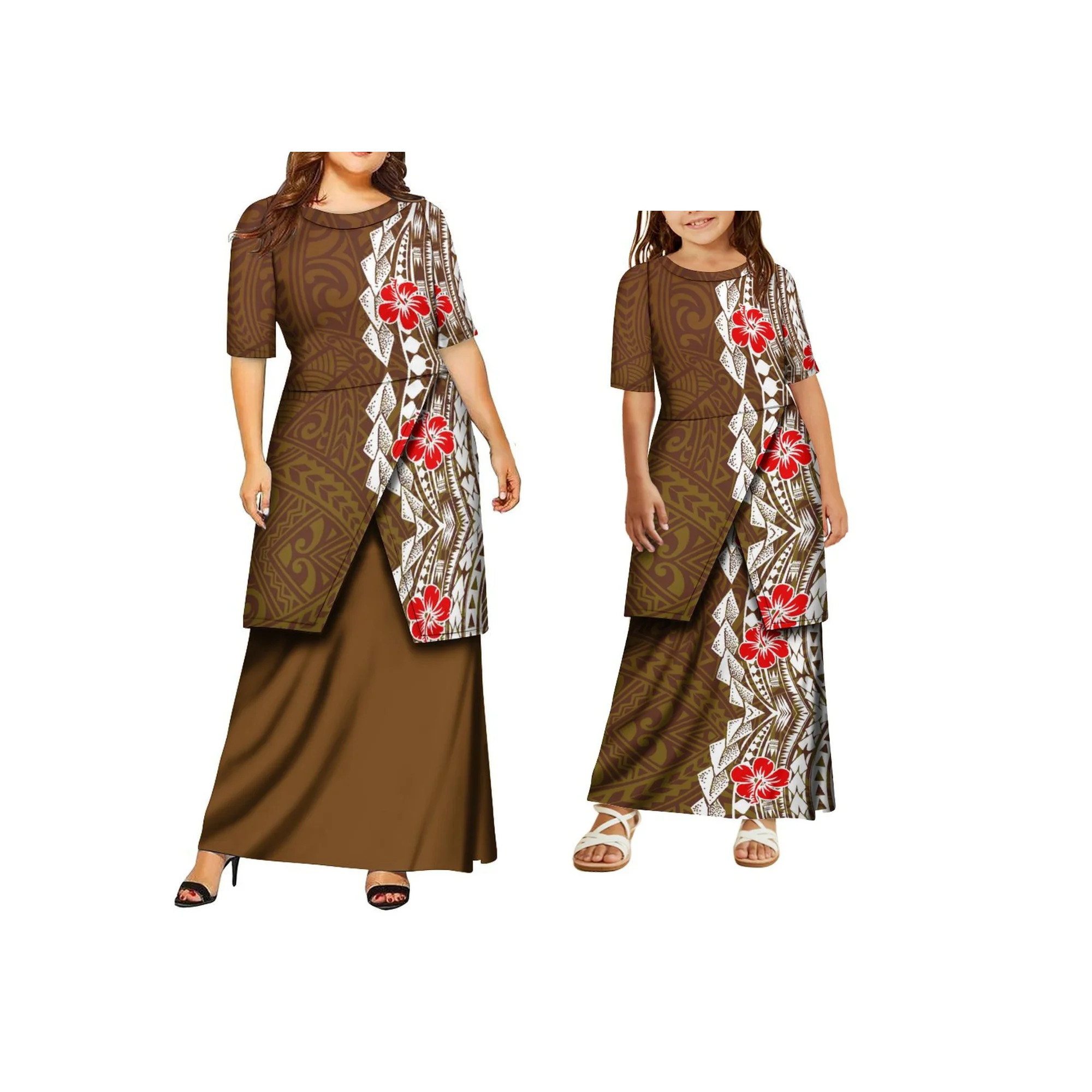 نمط جديد بولينيزيا القبلية طباعة تونغان Puletasi طاقم الرقبة الأم وابنتها ساموا المرأة 2 قطعة وتتسابق مجموعات فستان