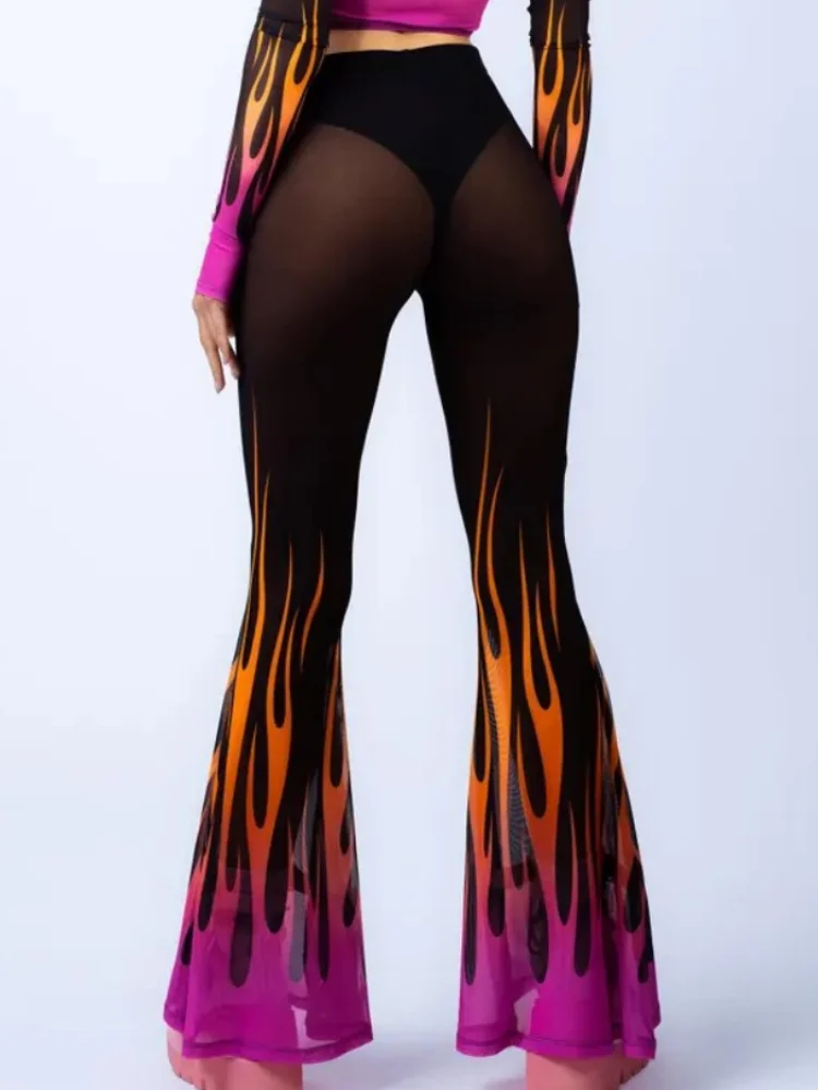 Retro Psychedelische Regenbogen-Leoparden-Schmetterlings-Flammen-Mesh-Druck Schlaghose mit hoher Taille, schmale Passform, Strick-Bell-Bottom-Hose – Detail 11