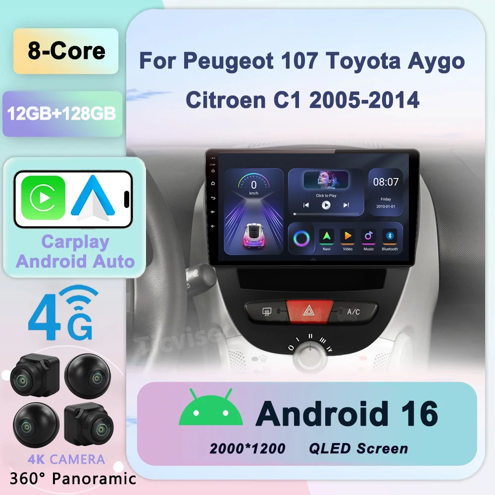 

Android 16 2 Din Car Multimedia Player For Peugeot 107 Toyota Aygo Citroen C1 2005-2014 Head Unit Stereo GPS Navigation BT WIFI
