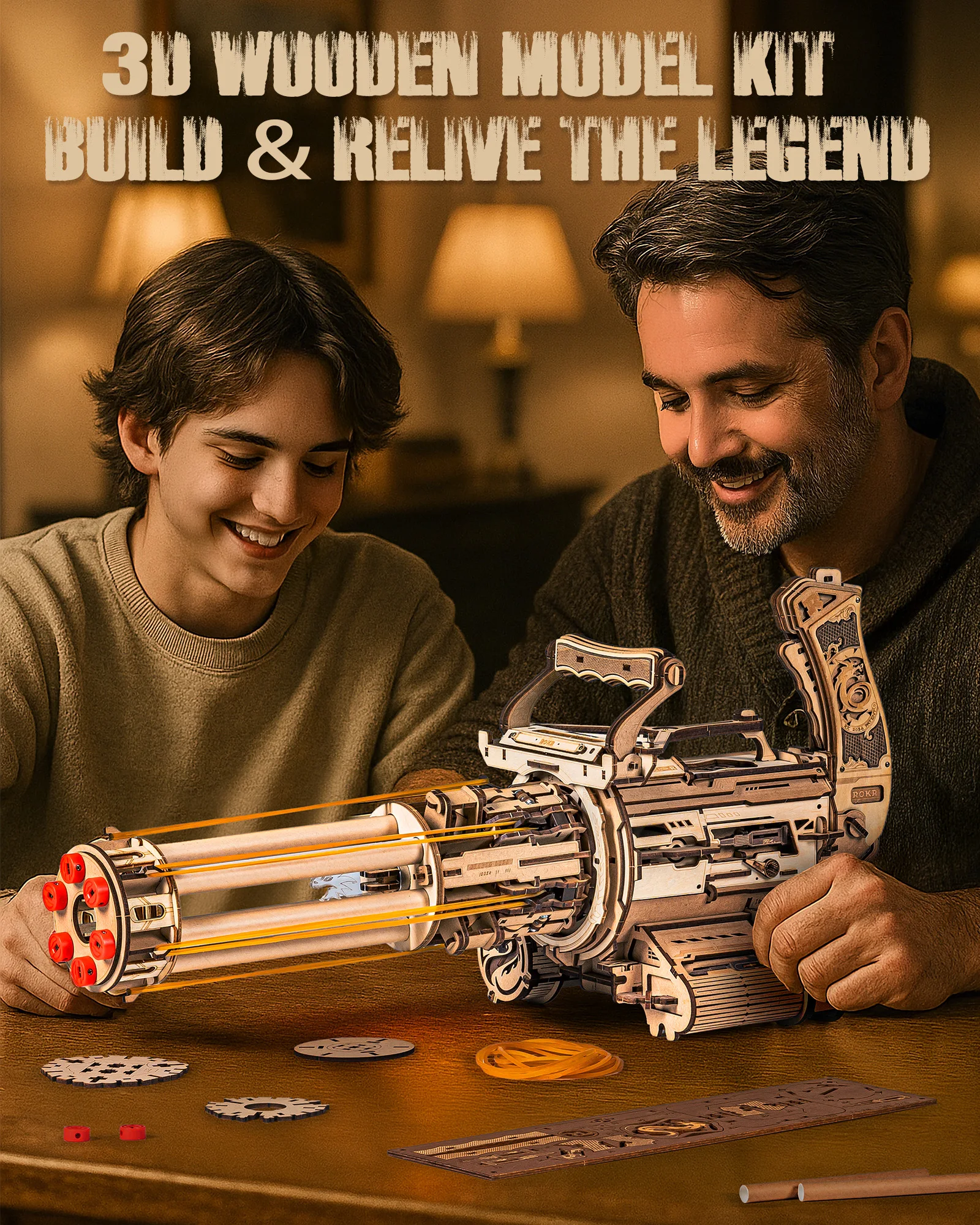 Robotime 3D Puzzle Model Kits Rotating-Barrel Machine LQA01 Flame lighting effects rubber band launcher desk or shelf display