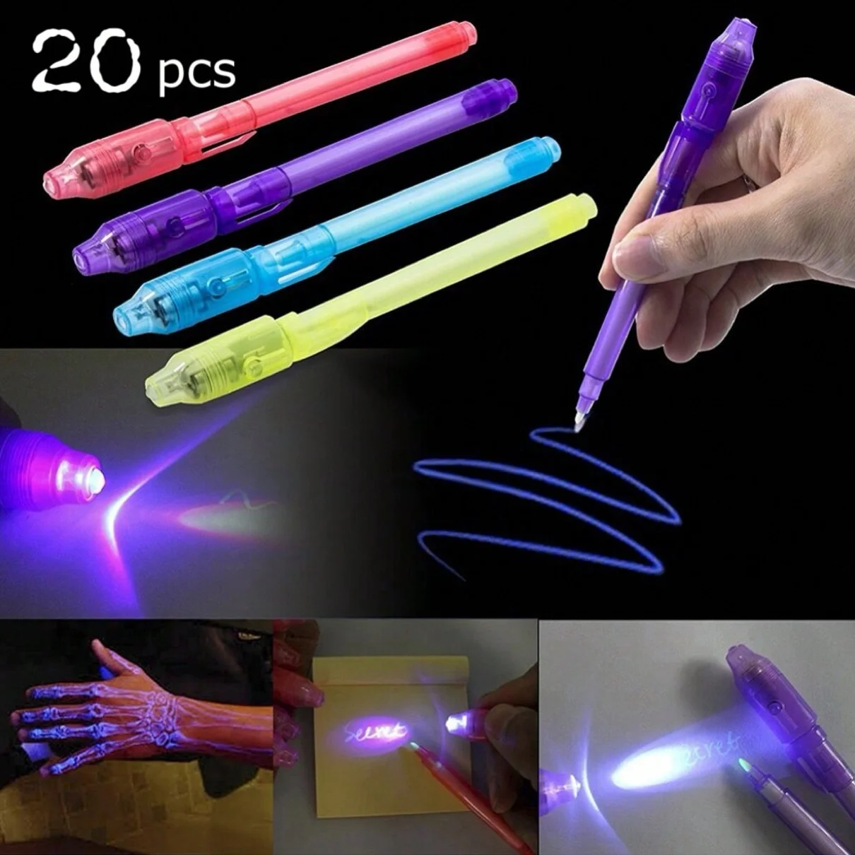 20pcs Invisible Ink Pen Set - Write Secret Messages - Includes UV Light for Revealing Messages,Pen holder color is random.