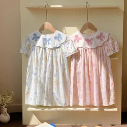 Bow Embroidery Flower Collar Girls Dress2024Summer Bear Print Short Sleeve Princess Dress