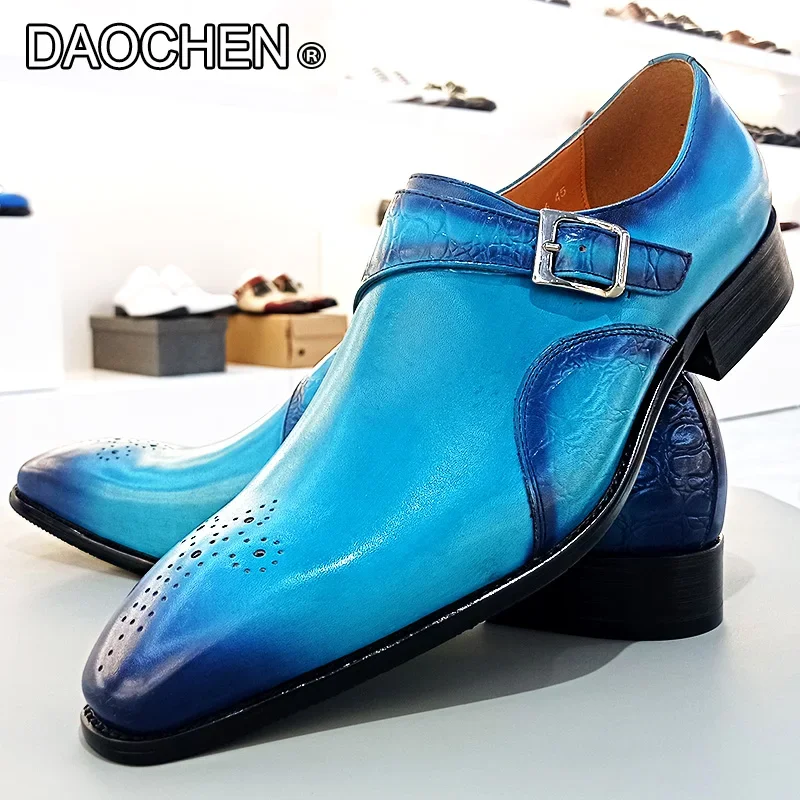 LUXURY BRAND MEN GENUINE LEATHER SHOES BLUE BUCKLE STRAP LOAFERS CASUAL DRESS MEN SHOES WEDDING PARTY MONK SHOES FOR MEN