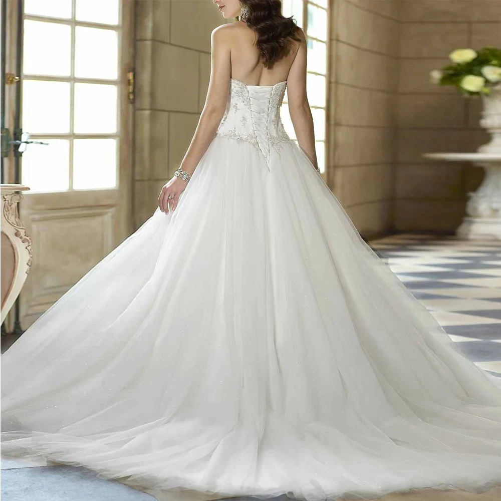 Customized Glitter Ball Gown Wedding Dress In Stock Sweetheart Lace Appliques Bridal Gown Corset Puffy Tulle robe de mariee