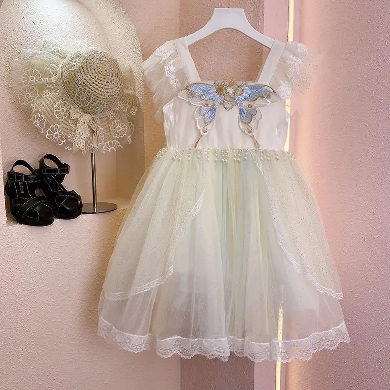 

Chinese Style Girl Princess Dress Summer New Kids Butterfly Embroidery Sleeveless Bow Mesh Dresses Baby Girl Clothes Vestidos