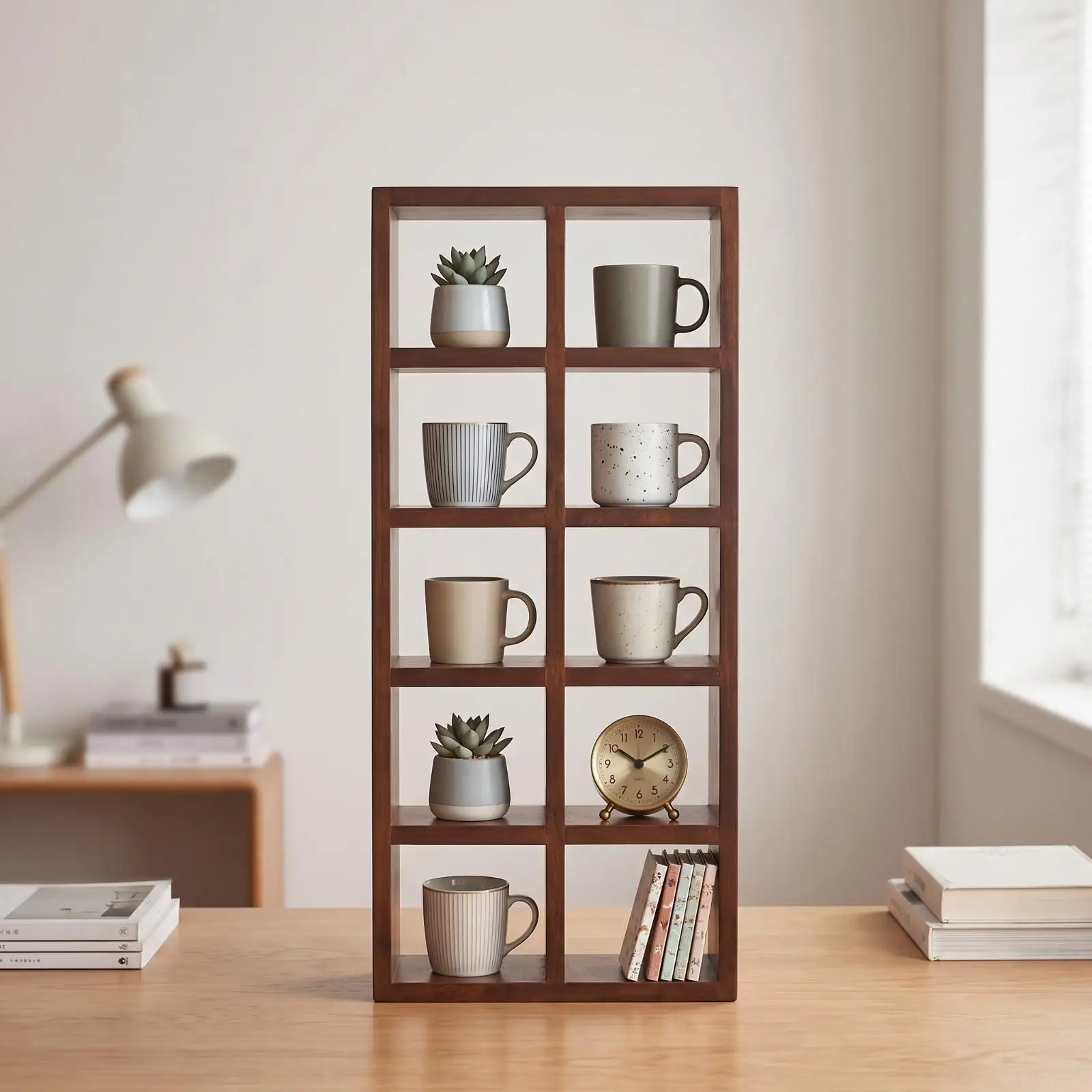 Multi Compartment Rubber Wood Wall Shelf Hanging Organizer for Cups Books and Small Home Decor