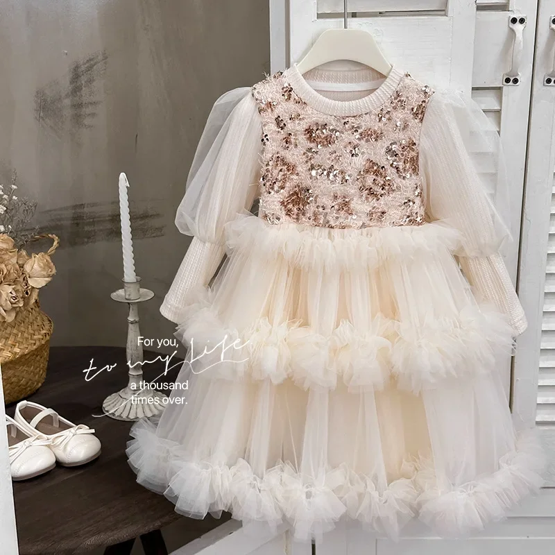 Girls Spring and Autumn New Fashionable Apricot SequinstutuPuff Sleeve Birthday Dress