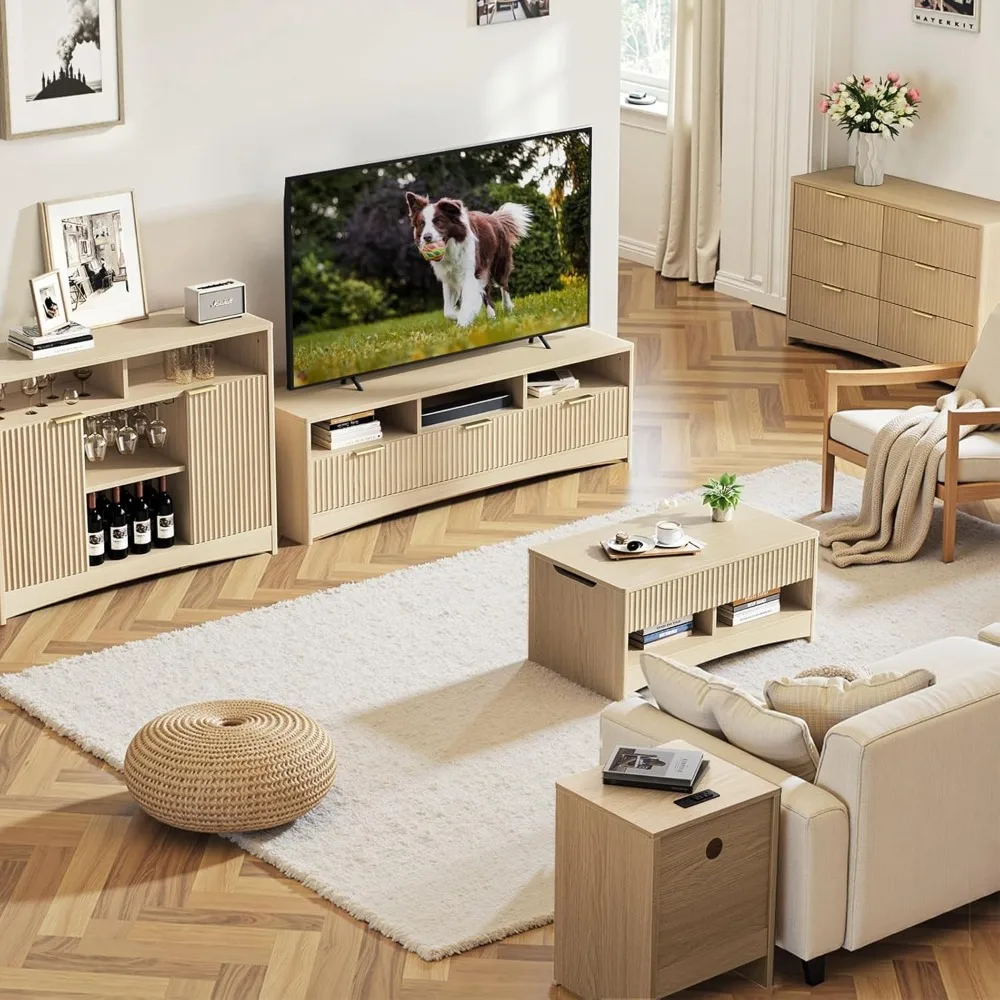 Meja Kopi Amada Atas Angkat Bergalur, Meja Kayu 35,2" dengan Rak Penyimpanan & Kompartemen Tersembunyi, Meja Tengah Persegi Panjang Modern