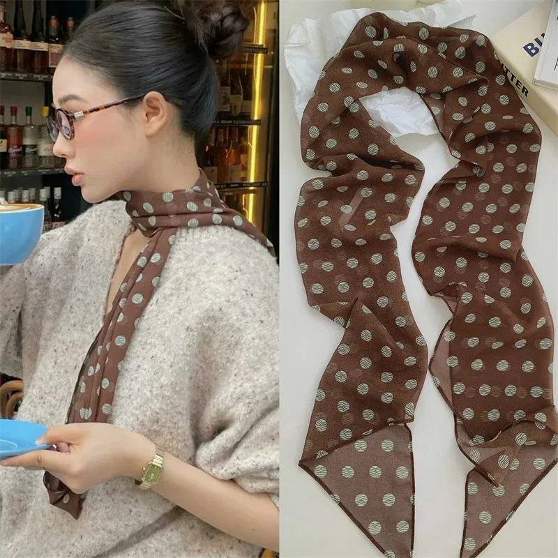 

2026 New Vintage Style Brown Chiffon Polka Dot Long Silk Scarf Multifunctional Accessory Neck Women's Headband Tie Hair Towel
