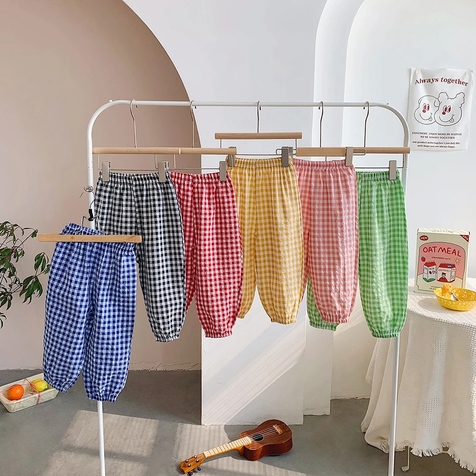 Summer Fun Protection Unisex Kids Gingham Cotton Mosquito Proof Long Pants Comfortable Feature Designed for Casual Outdoor Play