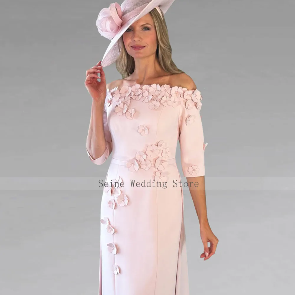 Customized Elegant Wedding Guest Dresses Pink 3D Flowers Column Mother of the Bride Dress Midi Off the Shoulder Party Gowns 2026