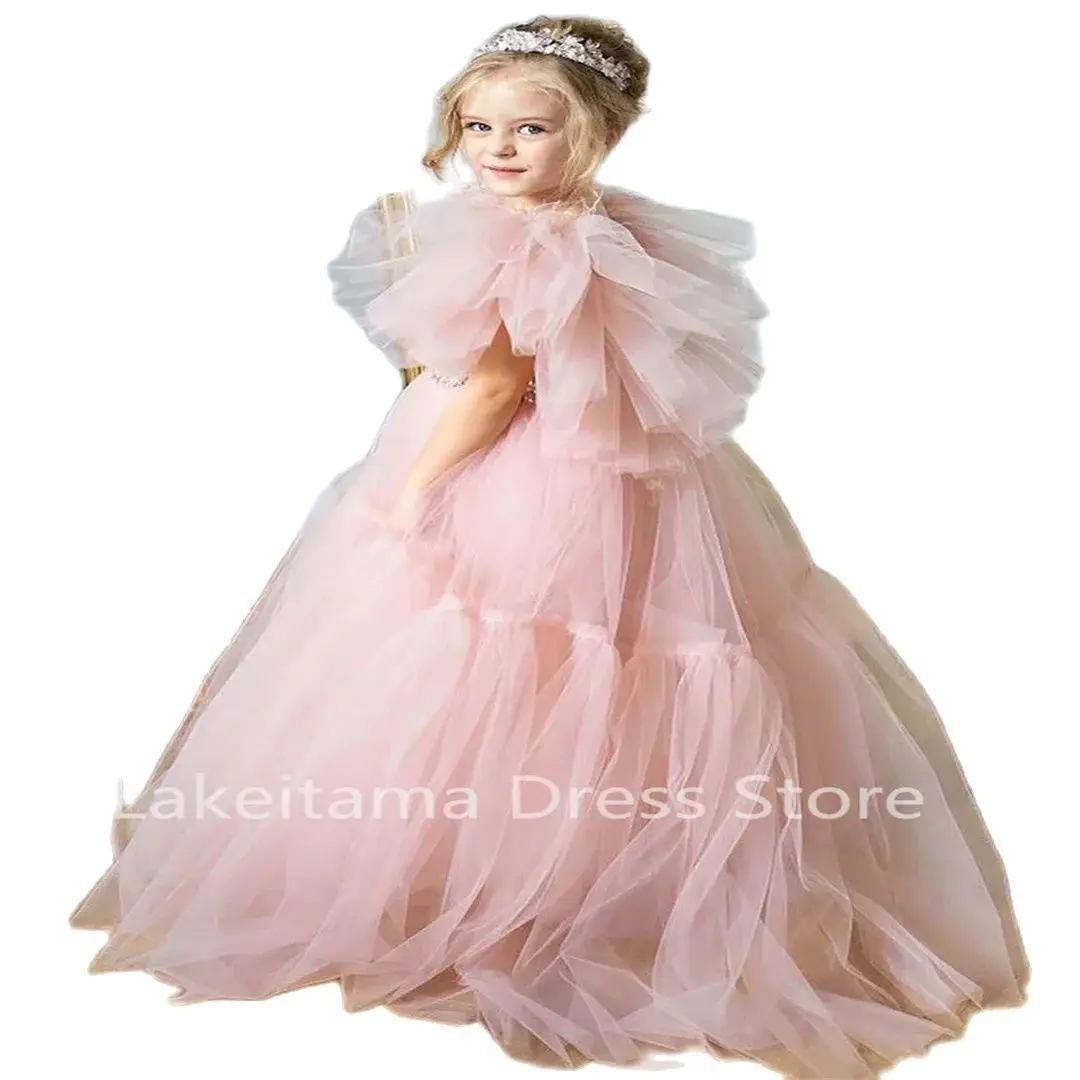 Robe de demoiselle d'honneur en plumes pour enfants, rose clair, gonflé, dos en V, mariage, anniversaire, première communion, Rhde princesse, quoi que ce soit