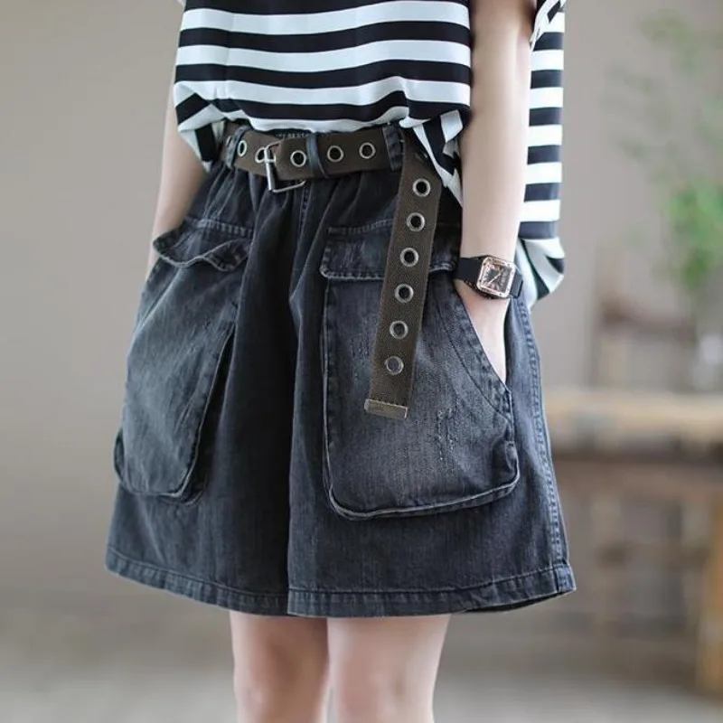 

Vintage Harajuku Elastic High Waist Denim Shorts Summer Women Casual Chic Jeans Shorts Pockets Wide-legged Trousers Skirts New