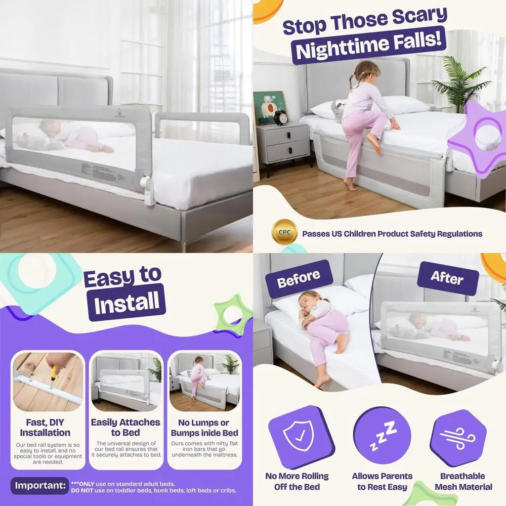 

2-Pack Toddler Bed Rails for Twin, Full, Queen & King Mattress Sizes - Swing Down Rail Guard, Mattress Side Rail, Gray