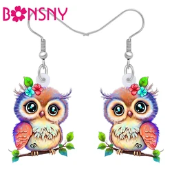 Bonsny Acrylic Colorful Spring Flowers Owl Earrings Sweet Birds Summer Dangle Drop Charms For Women Girls Gifts Fashion Jewelry