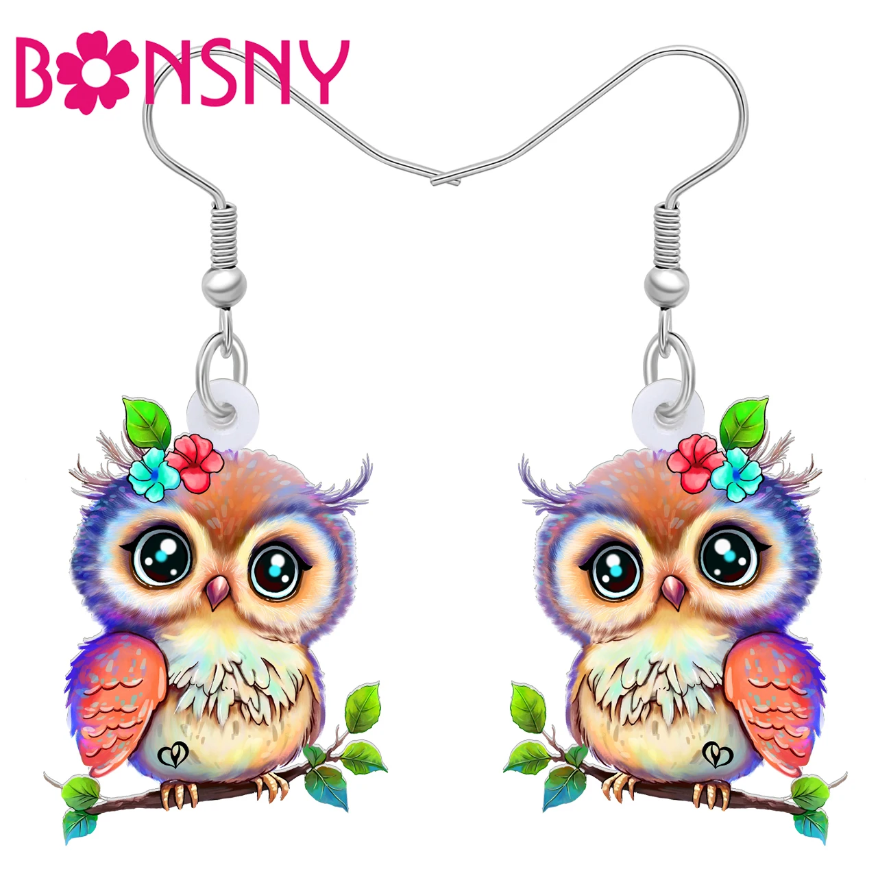 Bonsny akrylowe kolorowe wiosenne kwiaty sowa kolczyki słodkie ptaki lato dynda spadek Charms dla kobiet dziewczyn prezenty moda biżuteria