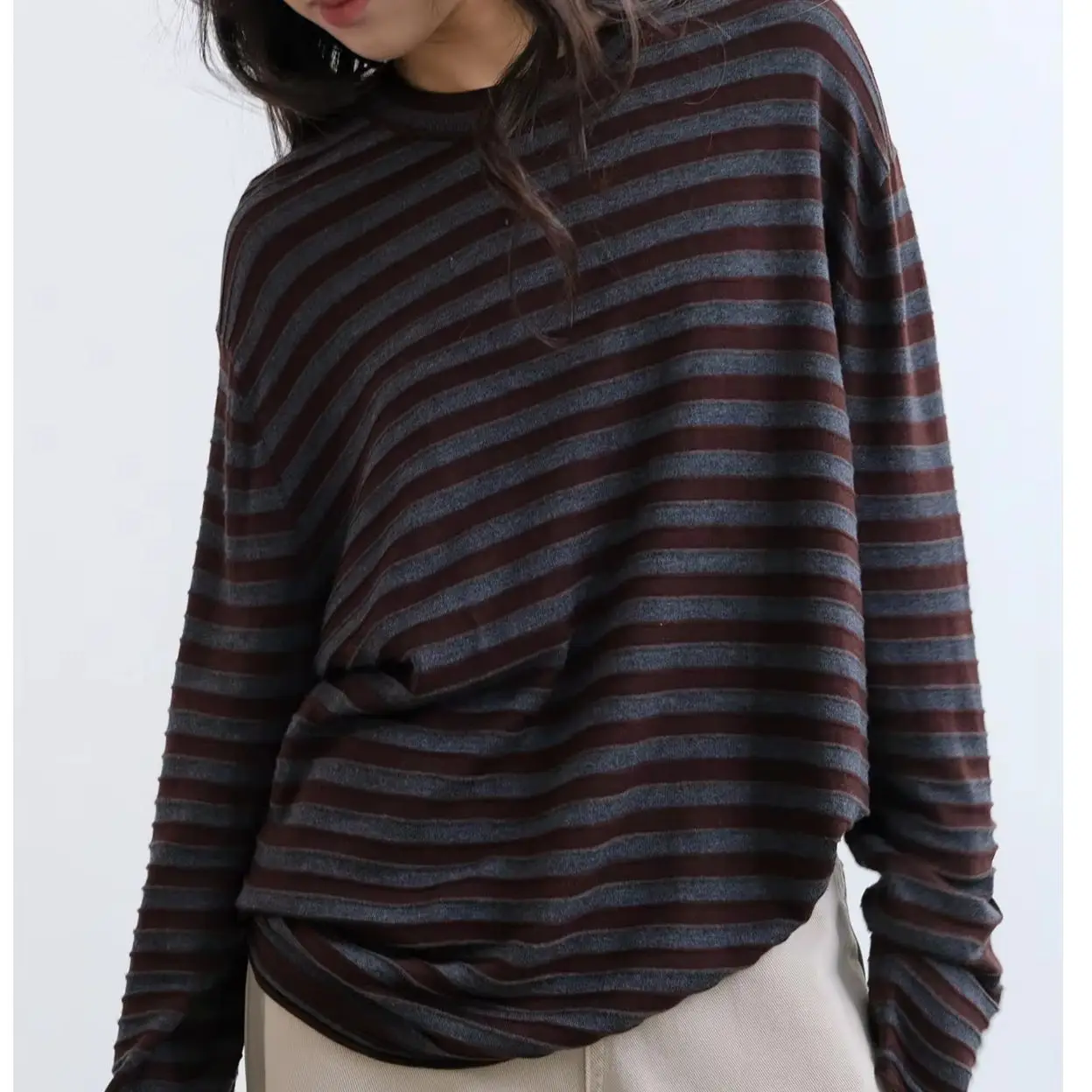 Mulberry silk cashmere pullover T-shirt three-dimensional striped knit top woman