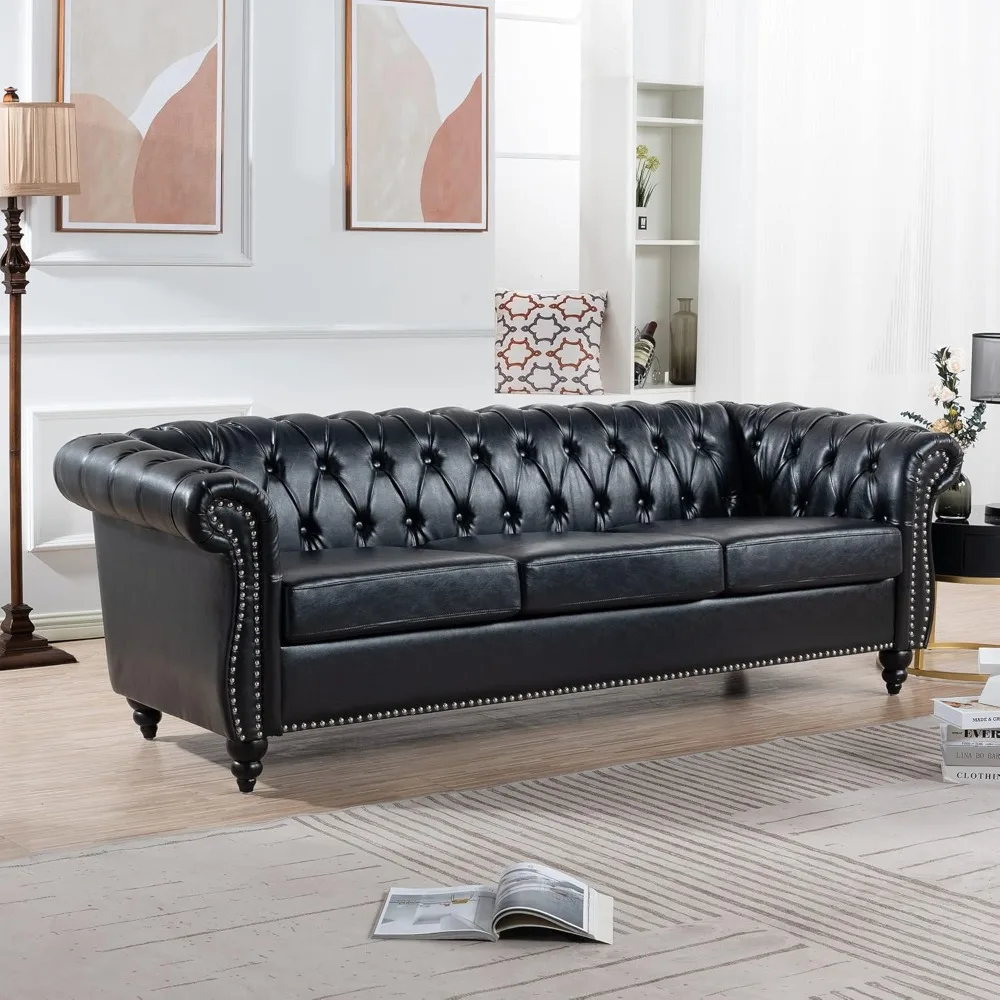 Chesterfield PU Leather Sofa, Upholstered Sofa with Tufted Back, Classic3 Seater Leather Couch Rolled Arm for Living Room Office