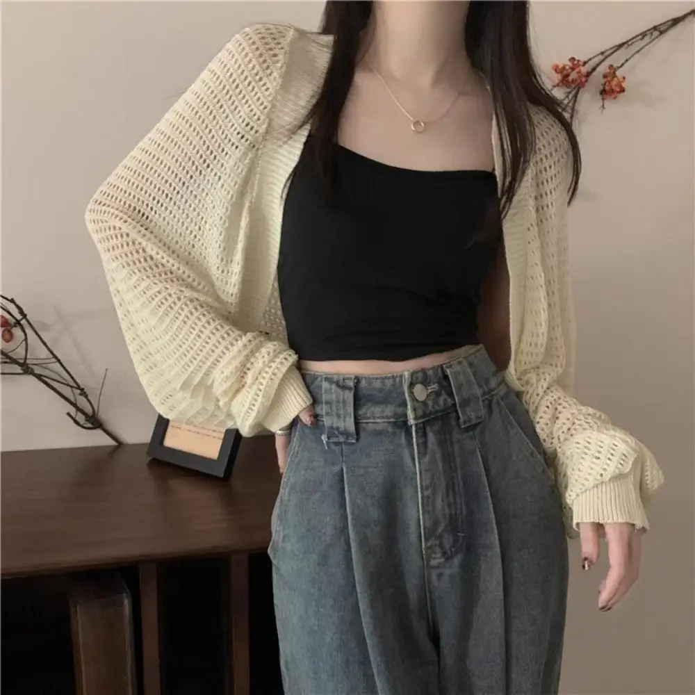 

Retro Hollow Knitted Shawl Long Sleeves Loose Knitted Crochet Top Korean Style Cloak Knitted Cape Women