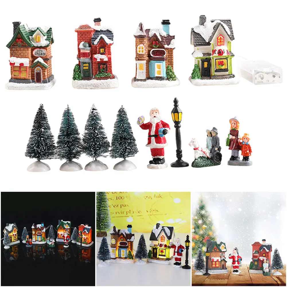 

12 Pcs Mini Resin Christmas Village Figurines Decoration Set Battery Operated Lighted LED Christmas Town Scene Desktop Ornaments