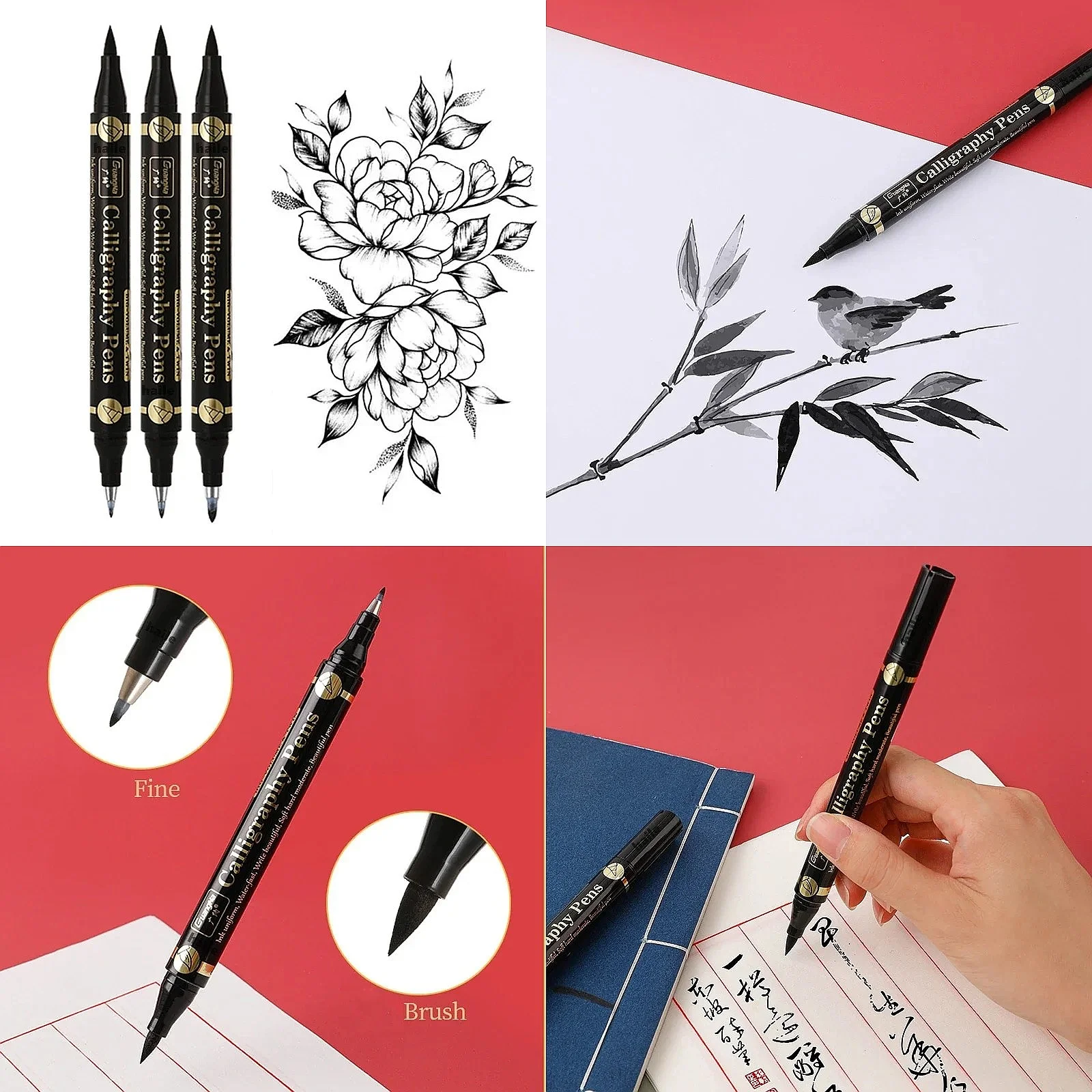 3 Pc/lot Double Head Multifunction Brush Pen Set, Black Ink Calligraphy Pens, Art Markers 4 Size for Student Supplies