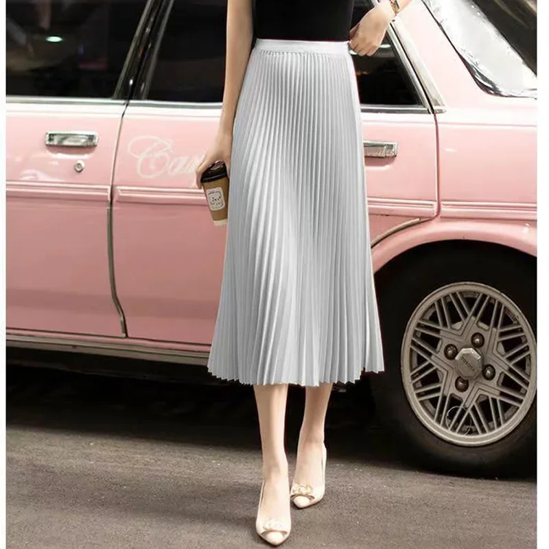 Summer New Pleated High Waist Thin Skirts Solid Color Loose All-match Plus Size A-line Skirt Elegant Fashion Women Clothing