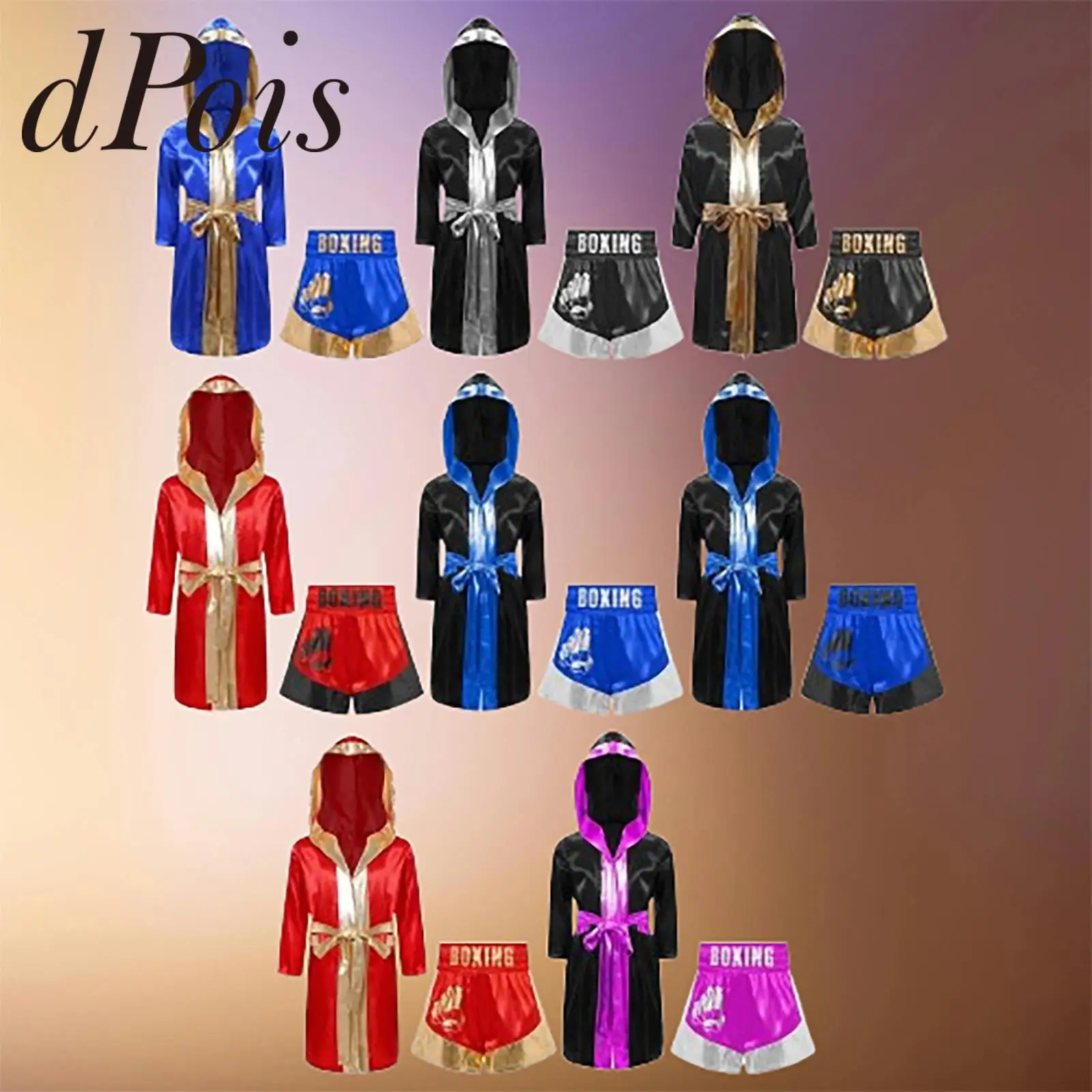 Children Boxing Robes Outfit Boys Girls Muay Thai Costume Satin Belted Robe Boxer Fighting Training Hooded Cloak with Shorts