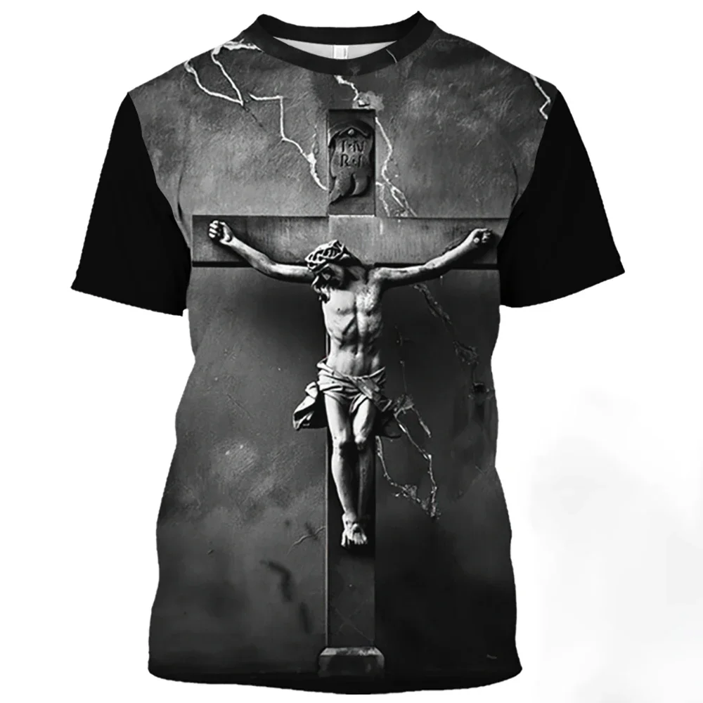 

Jesus Christ Pattern T Shirt for Men Summer Casual O-Neck Oversized Short Sleeve Catholicism Print Quick-Drying Men's T-shirts