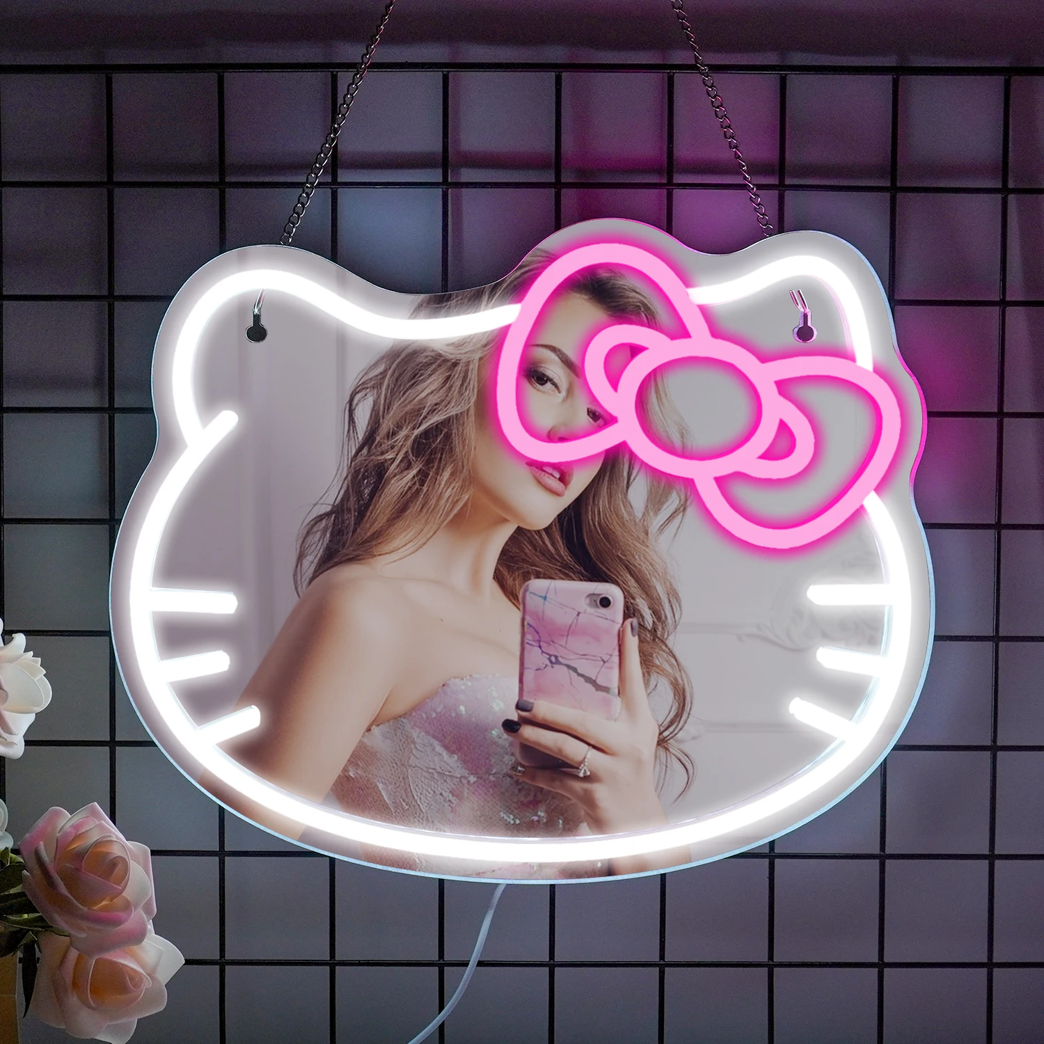 Hello Kitty LED Anime Mirror Neon Light Led Neon Mirror Sign for Girl Room Decor Cat Mirror Neon Light Up Birthday Kid Girl Gift