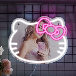 Hello Kitty LED Anime Mirror Neon Light Led Neon Mirror Sign for Girl Room Decor Cat Mirror Neon Light Up Birthday Kid Girl Gift