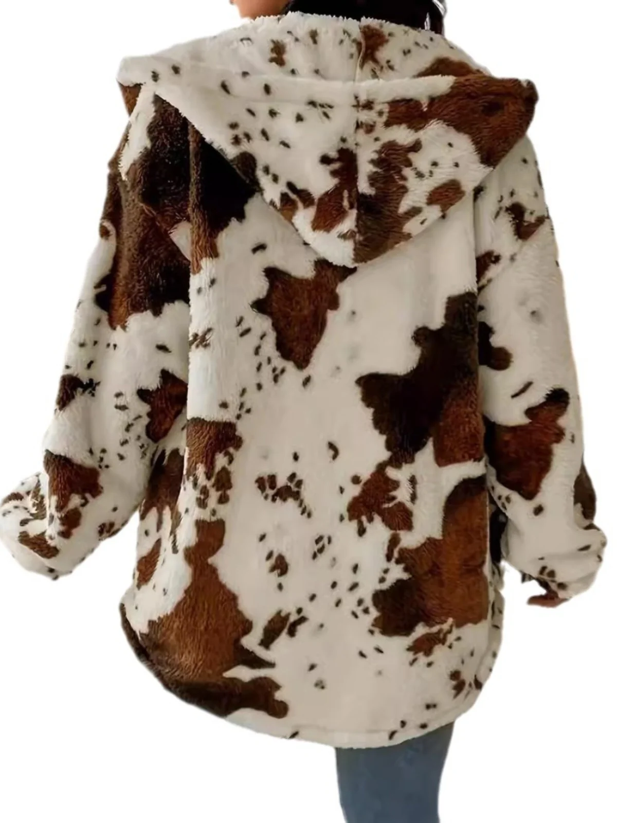 Modna bluza damska w krowie łaty, swobodny długi kardigan z kapturem, odzież wierzchnia, ocieplana na jesień i zimę...