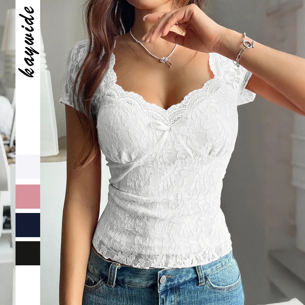 

High Quality Hot Selling Wholesale Sexy Lace Short Sleeved Women's T-shirt Women's Clothing 2025 Vestido Aesthetic T-shirts Y2k