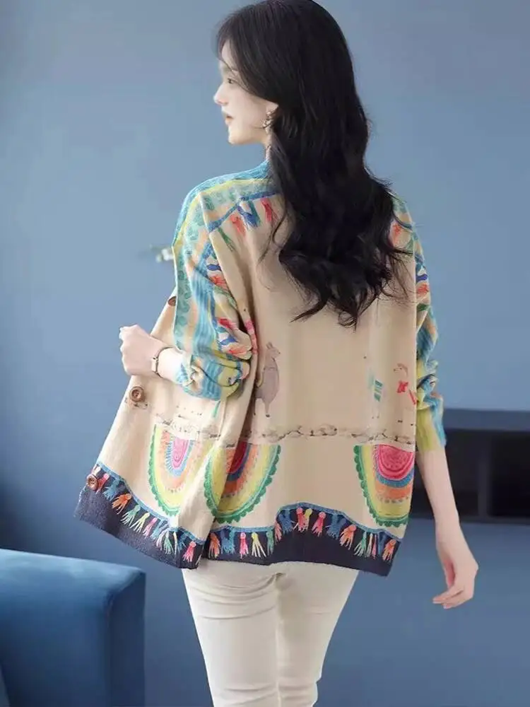 Amax LuluE 2025 Fall Womens Fashion Printed Loose Cardigans Casual V Neck Sweaters Ladies Korean Luxury Classic Cartoon Knitwear