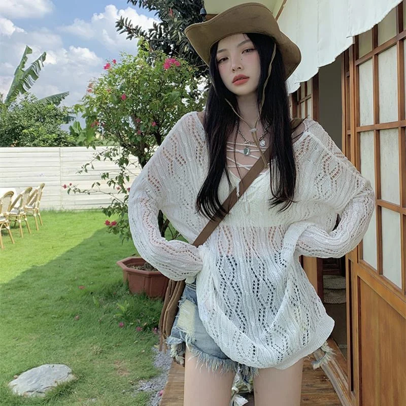 Spicy Girl Hollow out V-Neck Knitted Top Women's Summer Thin Design Loose Sunshade Long Sleeve T-Shirt Upper Body Polyester F...