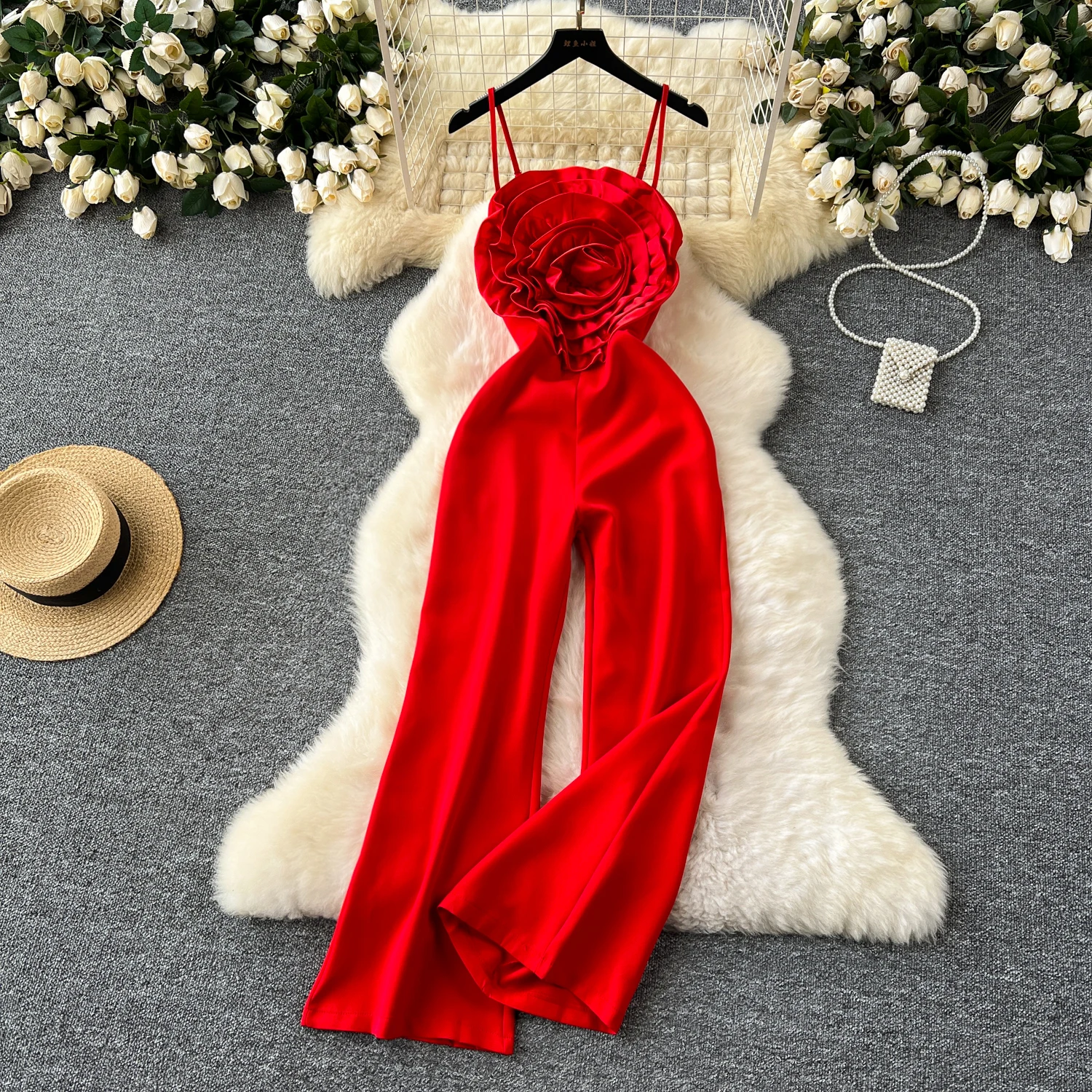 

Chic Vintage Three-dimensional flower slip Top Jumpsuit loose Beach Elegant Casual Wide Leg Pants Summer Women Playsuit