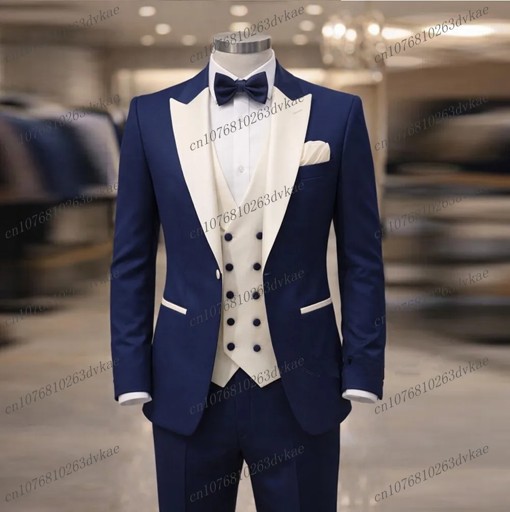 

Dark Blue And White Men Suit Wedding Party Formal Groom Groomsman Prom Business Male Tuxedos 3 Piece Set Jacket Vest Pants