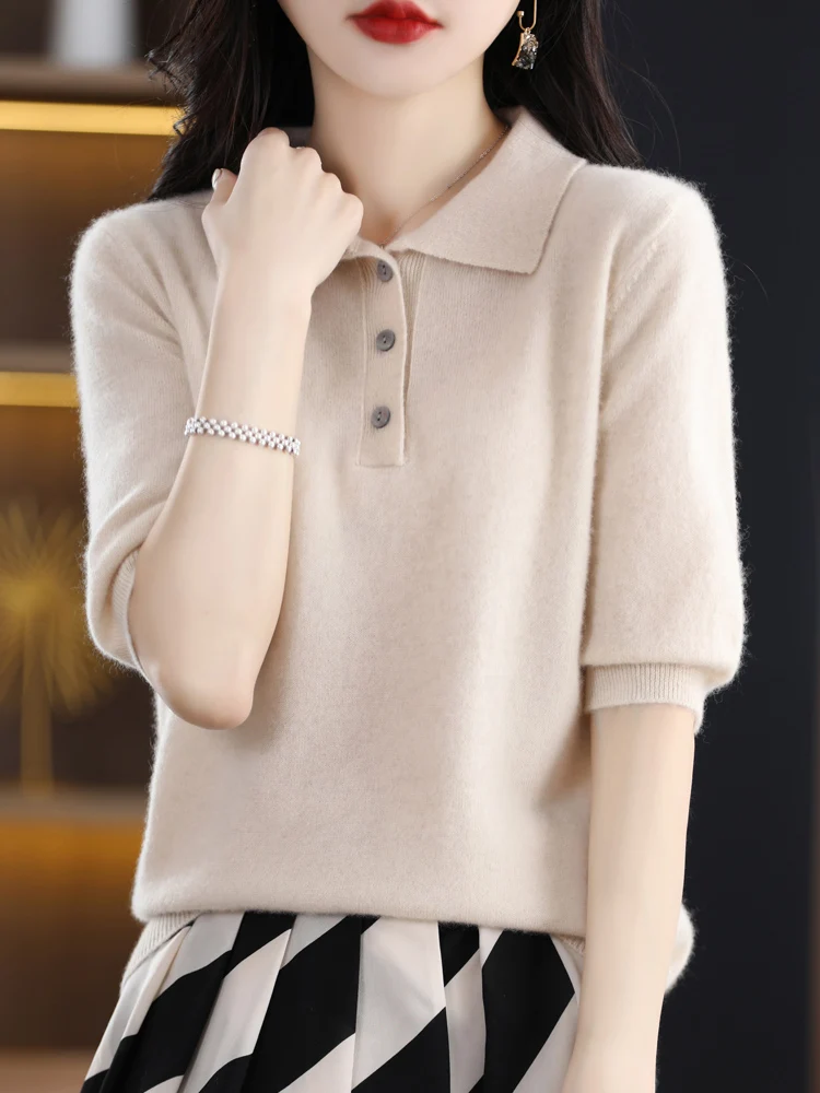 Women Polo Neck Short Sleeve Pullover 100% Merino Wool Knitwear Sweater Female T-shirt For Spring Summer Grace Clothing Tops