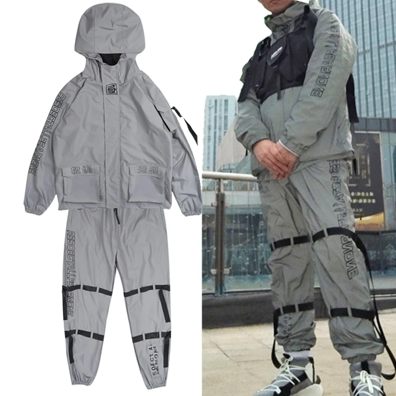 

Hip Hop Set Reflective Coat With Ribbon Work Clothes Street Dance Team Jazz Dance Costumes Men Performance Stage Wear DN17434