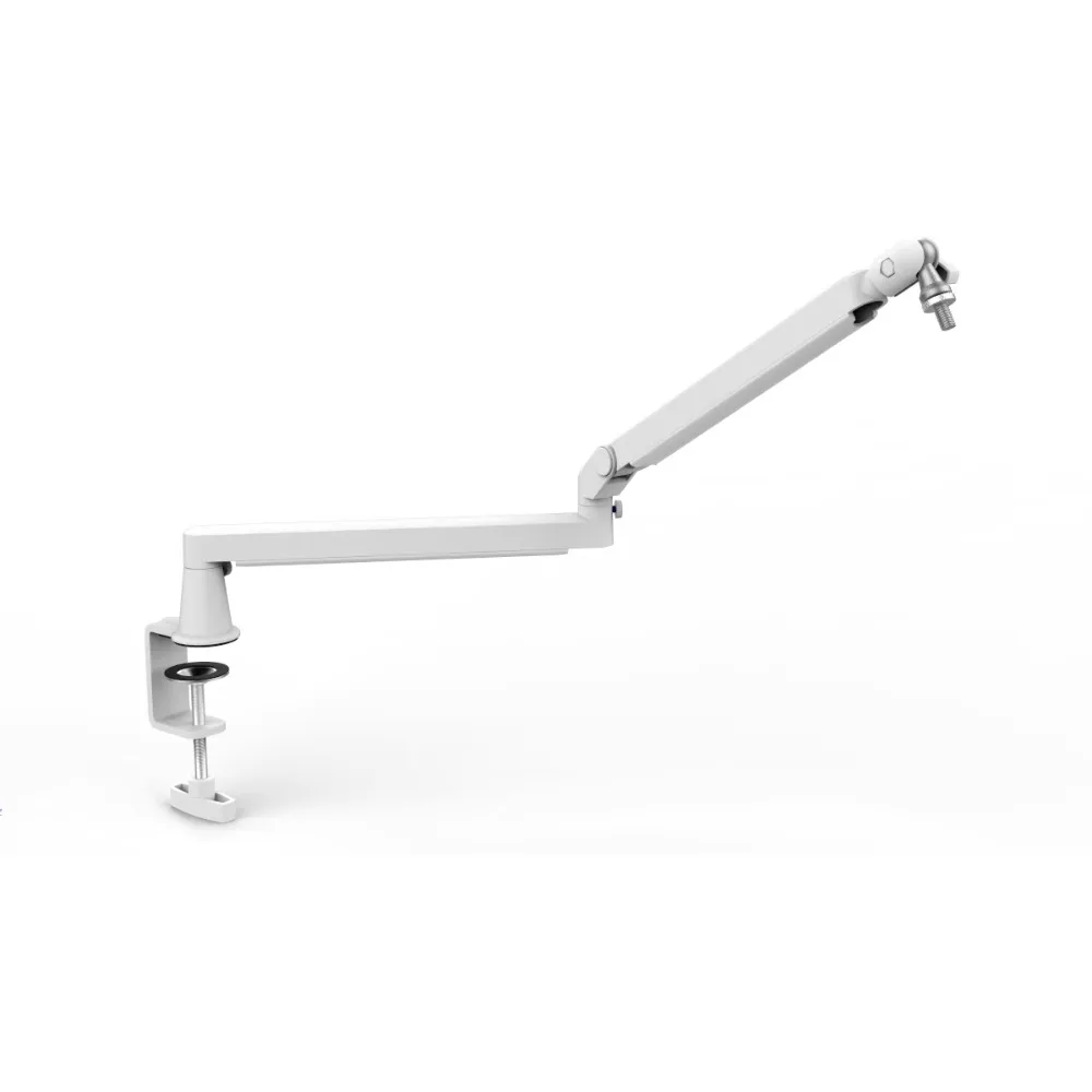 White microphone arm, low microphone arm holder with cable management for podcasting, streaming, and gaming
