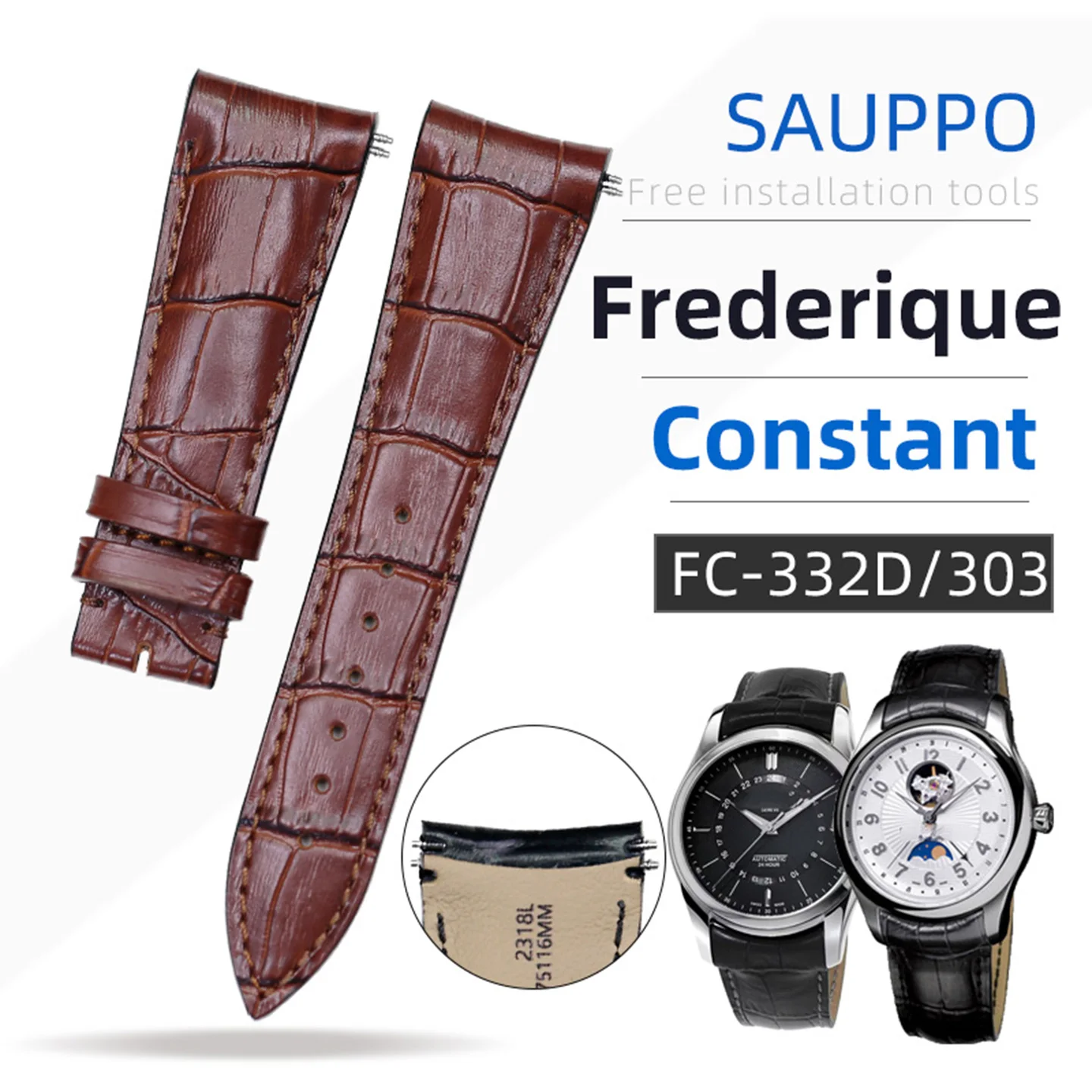 Curved arc shape Watch Band 23mm for Frederique Constant men's watch FC-303C6B Cruved End Double Springs Top Layer Leather