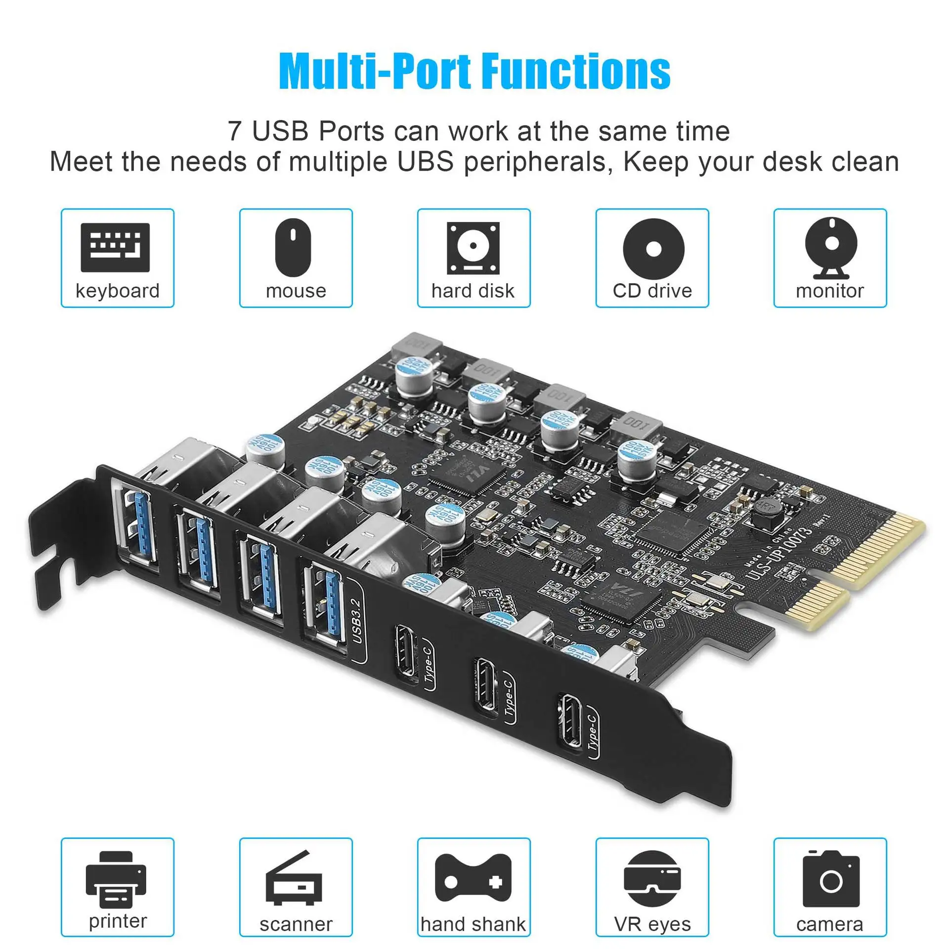 

Высокоскоростная плата USB3.1 PCIE с 7 портами, 4 Type-A и 3 Type-C для рабочего стола