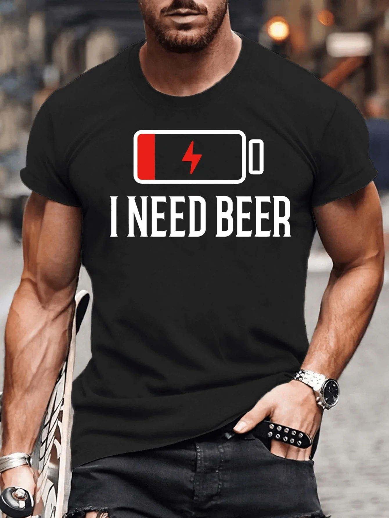 

I Need Beer" Men's Casual Black T-Shirt - Soft Polyester, Crew Neck, Short Sleeve, Machine Washable Bold Graphic Tee for Adults