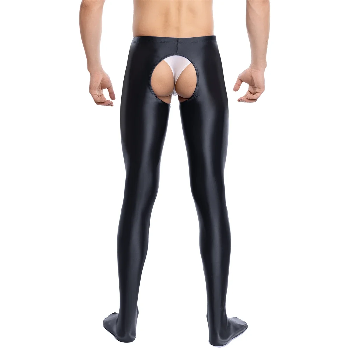 

Sexy Men's Oil Glossy Shiny Crotchless Pantyhose Mens Stretchy Long Tights Solid Color Smooth Gay Sheer Pants Stockings Leggings