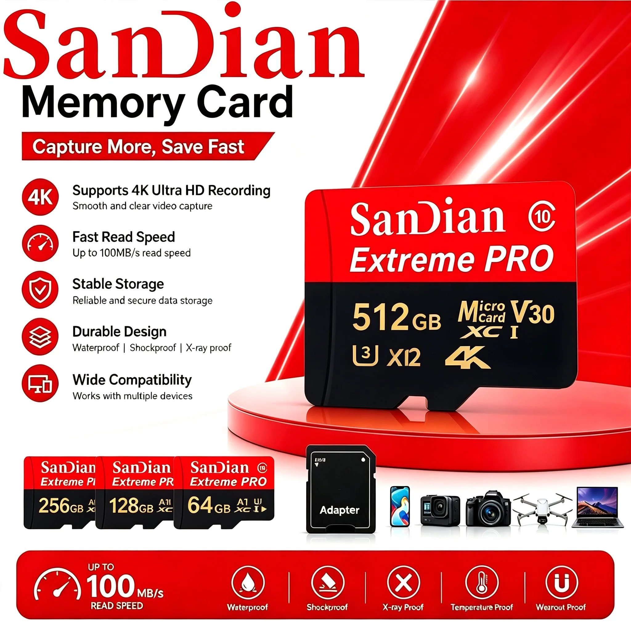 Micro TF SD Card 64GB 128GB 512GB TF Cards SD Cards Memory Card Data Storage U1 U3 for Surveillance/CCTV/PC/Recorder/Car DVR