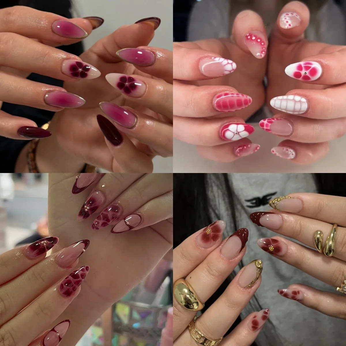 

Gold Metal Dark Red Flowers Long Pointed Fake Nails Art Bowknot Almond False Nails Press on Nails Charms Manicure Tool Wholesale
