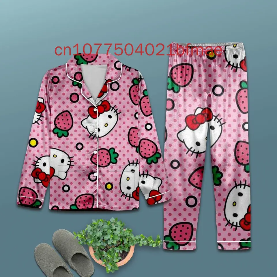 Disney-Conjunto de pijama casual feminino de manga comprida, camisa Hello Kitty, nova primavera-verão