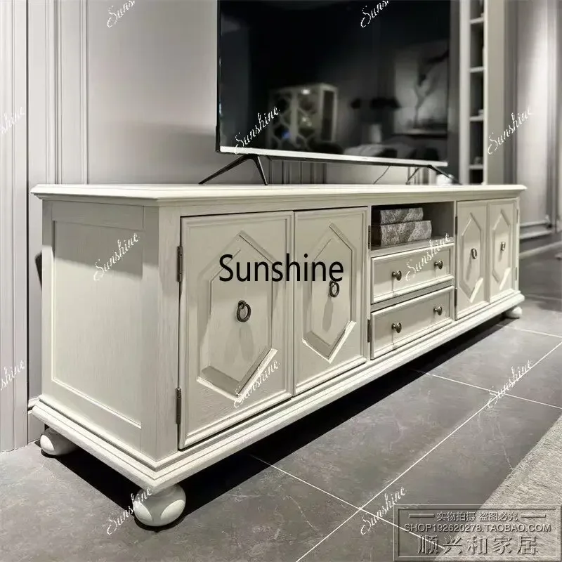 Retro and old living room TV cabinet Solid wood white storage cabinet T*