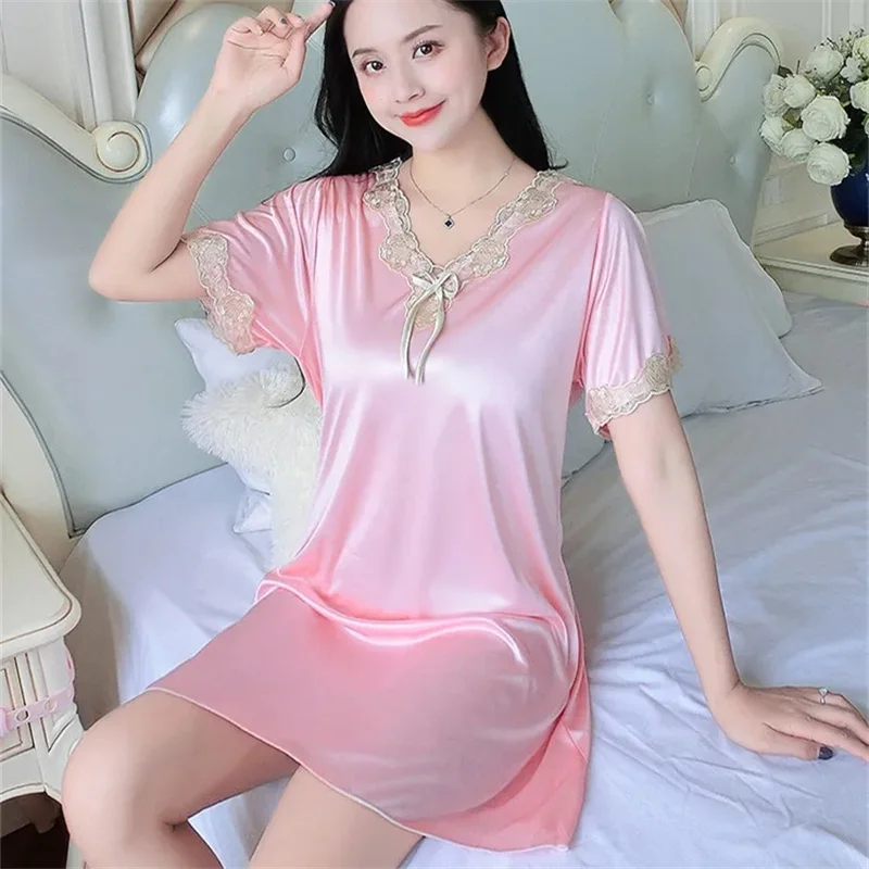 2024 New Women Nightgowns Satin Silk Sleepwear Soft Nightwear Lace Dress Sexy Lingerie Gown Robe Homedress Nightdress