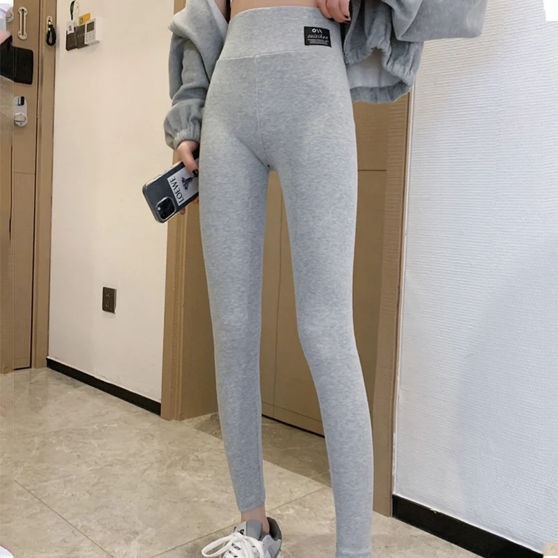 Fashion Gray Ribbed Leggings Women Spring Autumn Sporty Tight High Waist Legging Woman Casual Letter Spandex Pants Mujer