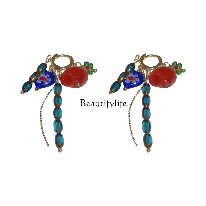 

Flower Love Crystal Earrings Design Sense Multicolored Tassel Ear Clip All-Match Temperament Earrings